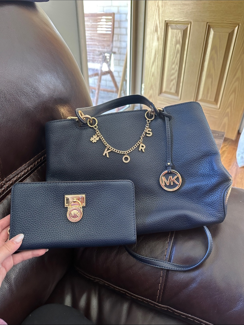 Michael Kors Navy Pebbled Leather Tote and Wallet Set with Gold Hardware